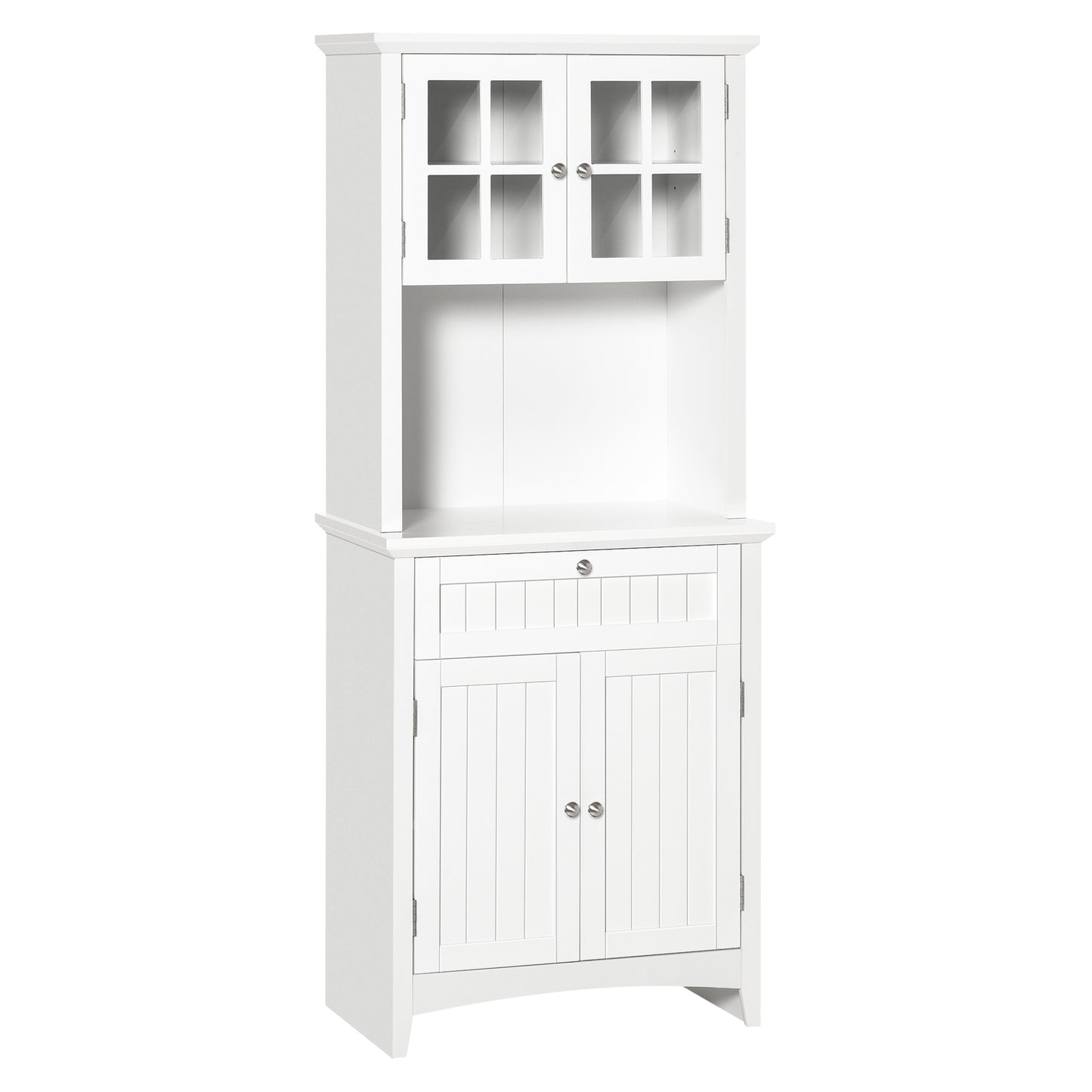 White MDF kitchen buffet hutch with framed glass doors, open microwave shelf, drawer, and bottom cabinet.