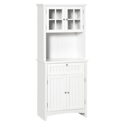 White MDF kitchen buffet hutch with framed glass doors, open microwave shelf, drawer, and bottom cabinet.