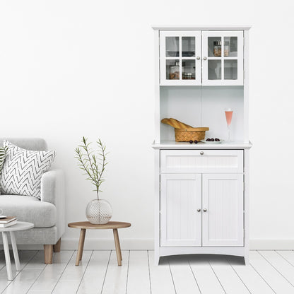White MDF kitchen buffet hutch with framed glass doors, open shelf, drawer, and bottom cabinet.