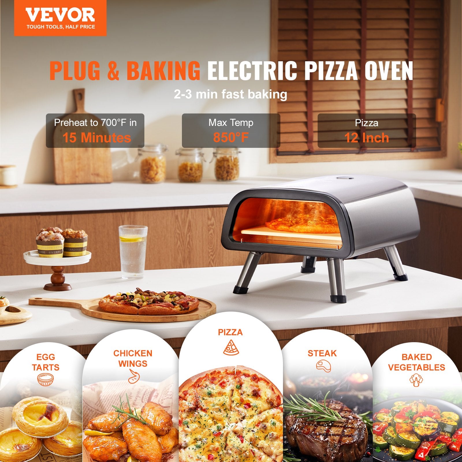 Sleek gray 12" electric countertop pizza oven with an illuminated interior, baking a pizza in a modern kitchen.