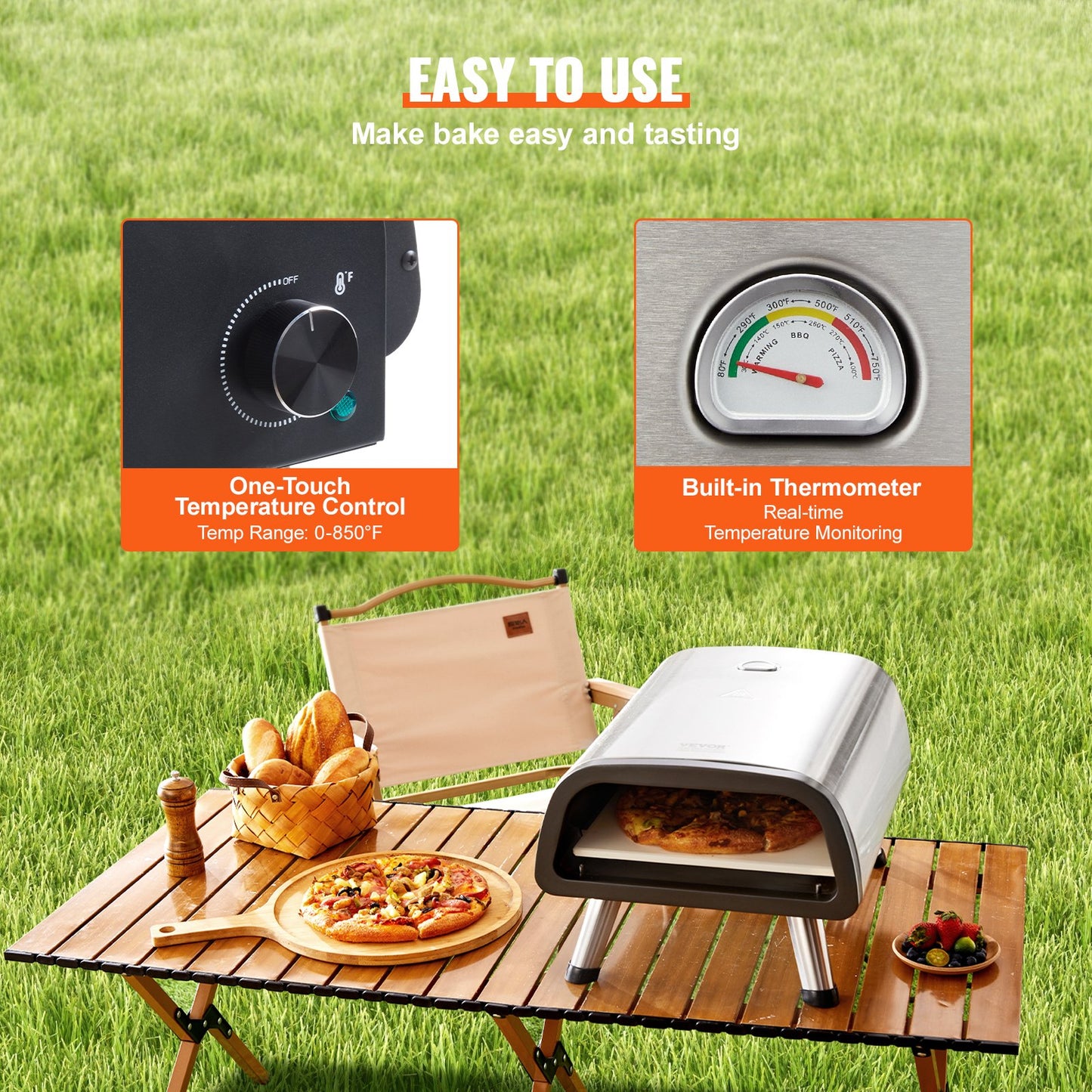 Silver 12" Artisan Hearth pizza oven on a wooden table outdoors with pizzas, bread, and controls.
