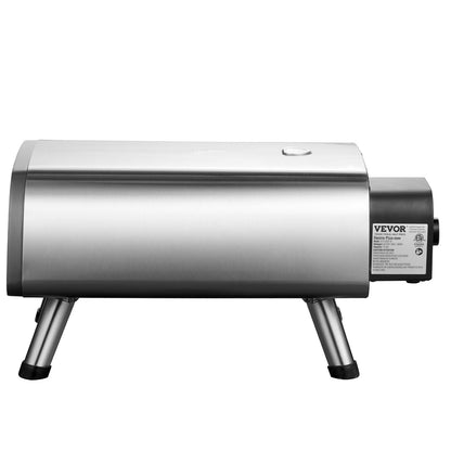 Sleek silver stainless steel 12" electric countertop pizza oven with black legs and control panel.