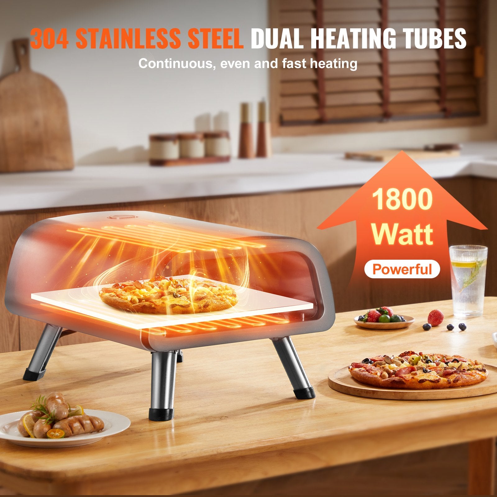 Orange and gray 12" electric pizza oven with glowing heating tubes baking a pizza on a wooden countertop.