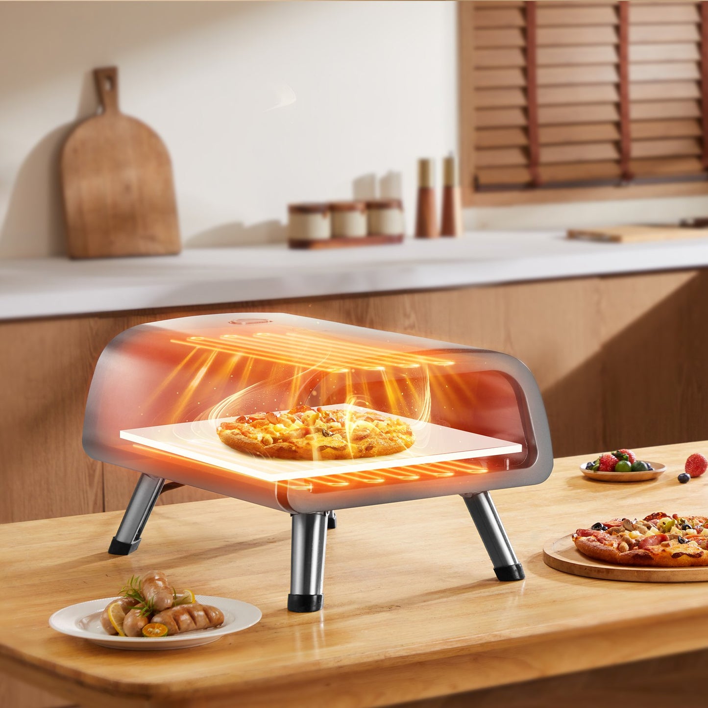 Gray 12" Artisan Hearth electric countertop pizza oven with a glowing pizza inside, on a wooden table.