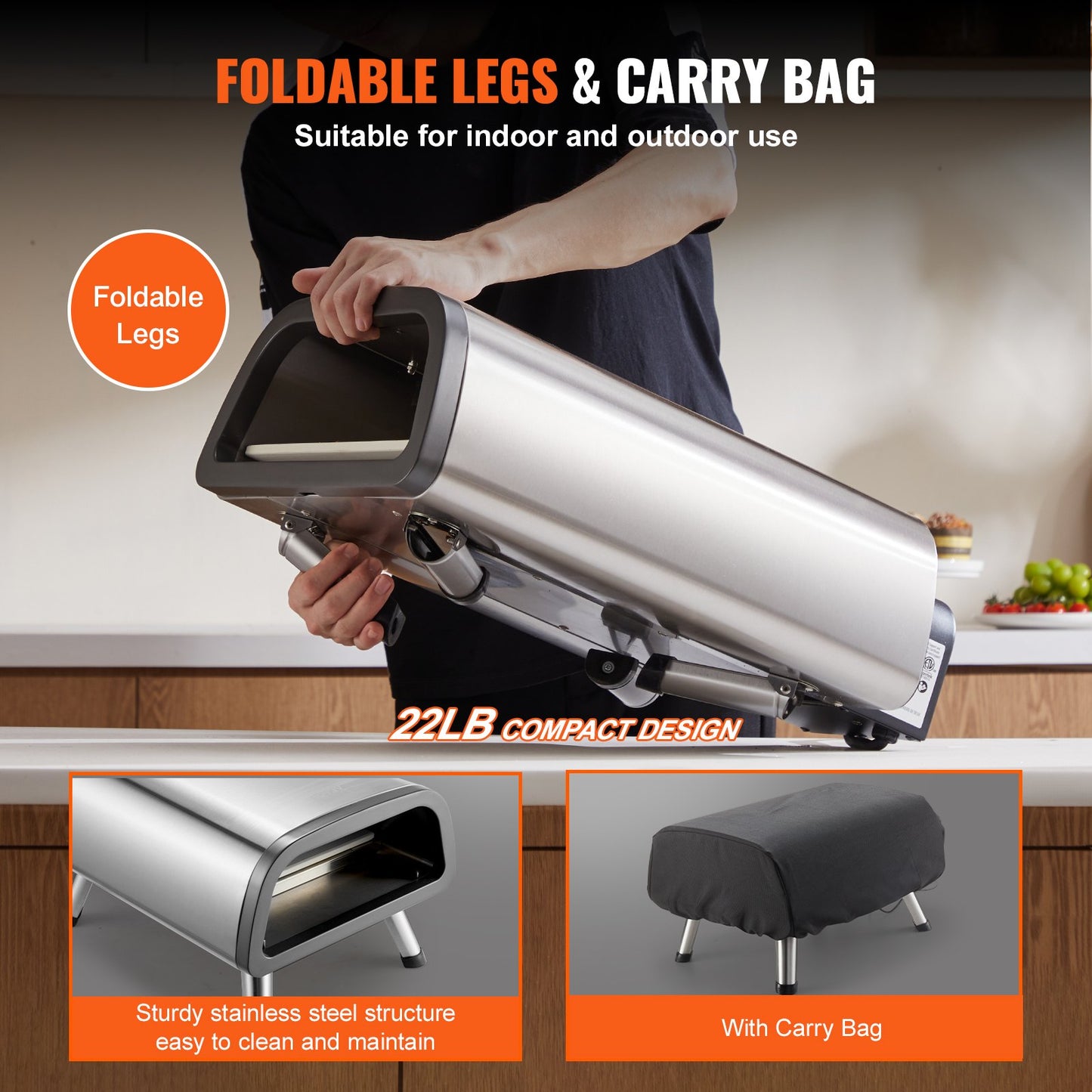Silver stainless steel 12" countertop pizza oven with foldable legs and a black carry bag.