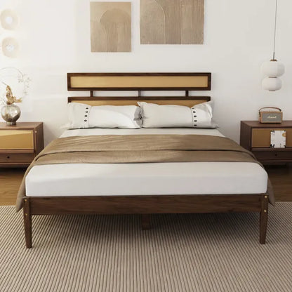 Dark walnut solid pine bed with double-woven rattan headboard, white bedding, and brown throw.