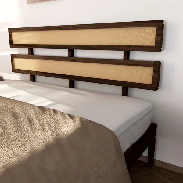 Double-woven rattan headboard with a dark walnut solid pine frame, showcasing artisanal craftsmanship.