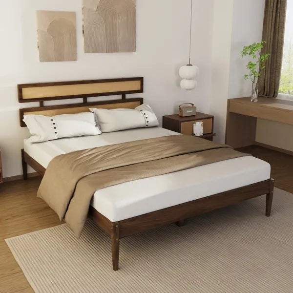 Double-woven rattan headboard with a dark walnut solid pine bed frame in a modern bedroom.