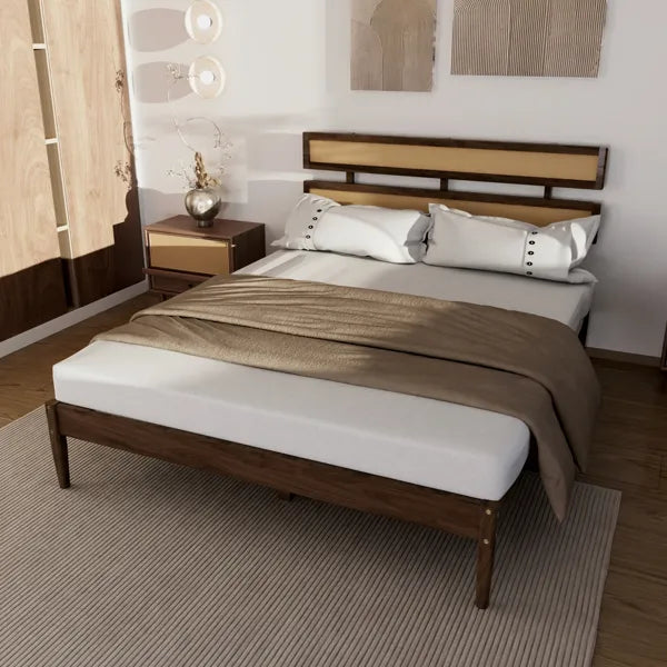 Dark walnut solid pine bed with double-woven rattan headboard and white bedding in a modern bedroom.