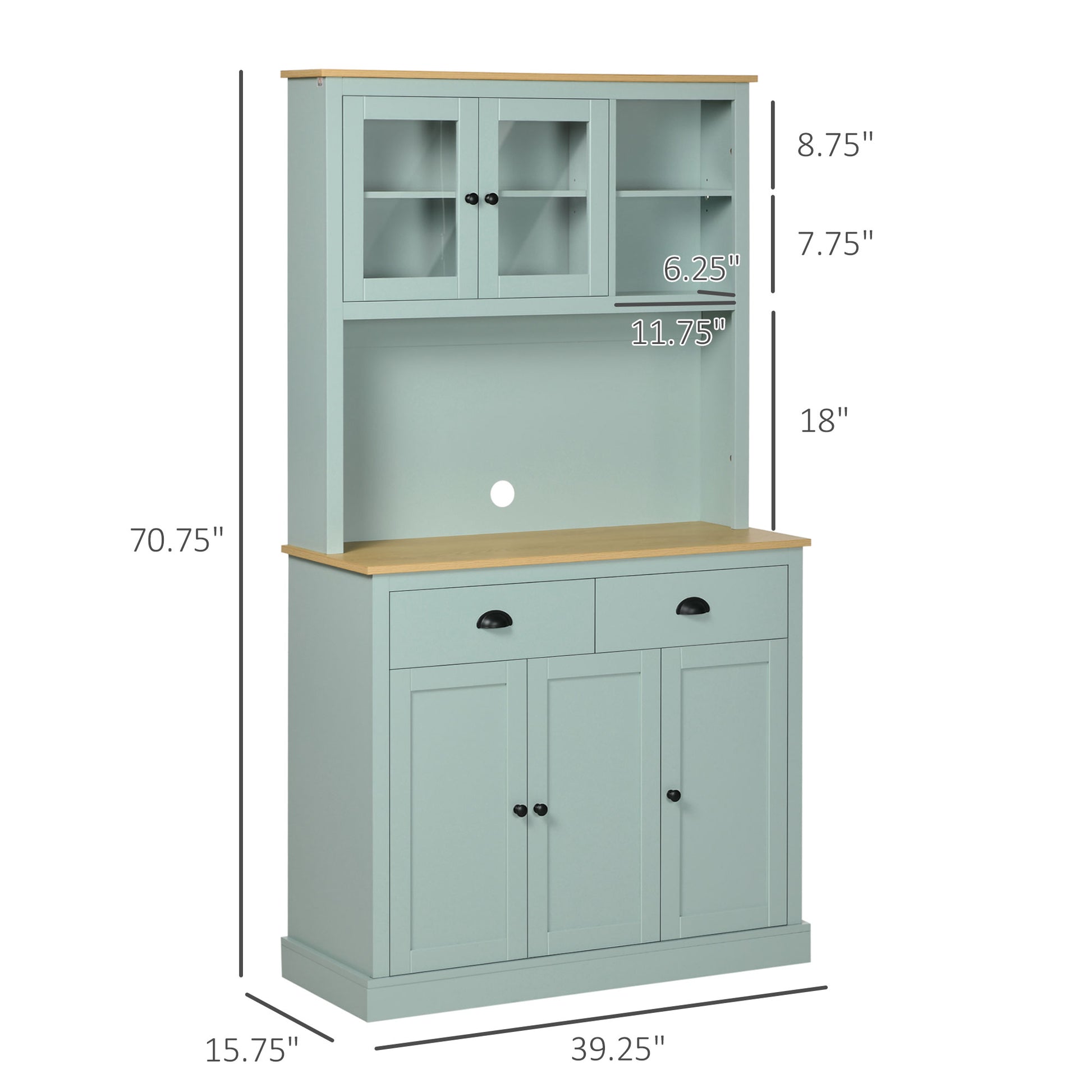 Modern 71" light blue kitchen hutch with natural wood countertops, glass-front cabinets, and lower storage.