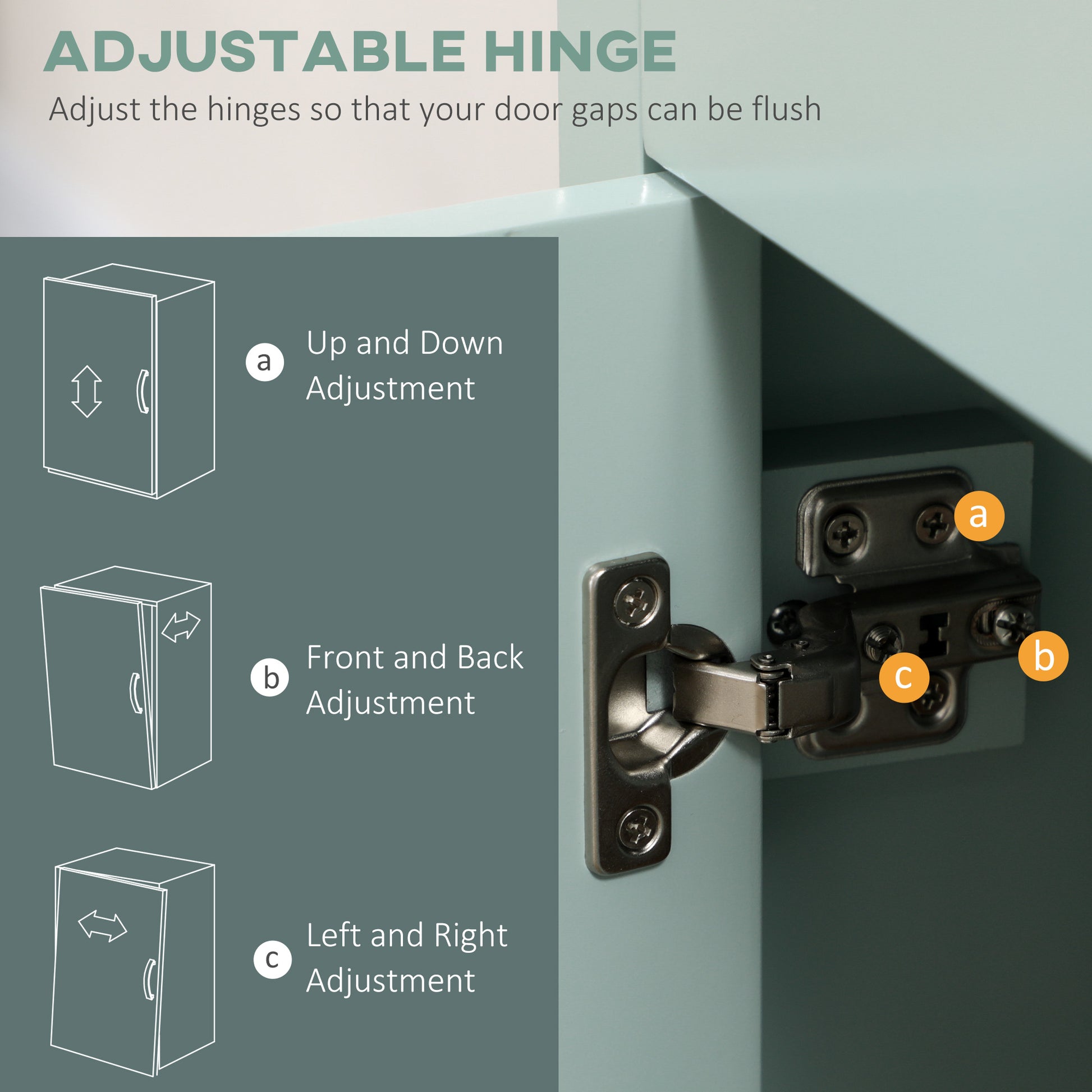 Close-up of a silver adjustable hinge on a light blue MDF cabinet, showing up/down, front/back, and left/right adjustments.