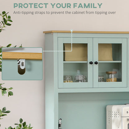 Light blue modern kitchen hutch with glass-front cabinets, natural wood top, and anti-tipping strap detail.