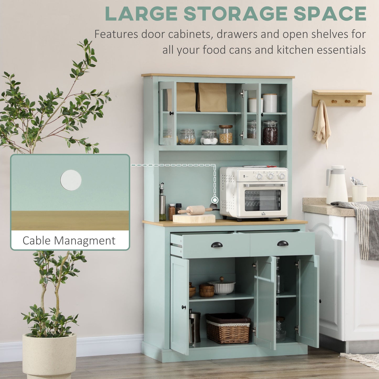 Light blue modern kitchen hutch with glass cabinets, microwave space, drawers, and open shelves.