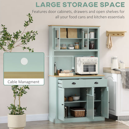 Light blue modern kitchen hutch with glass cabinets, microwave space, drawers, and open shelves.