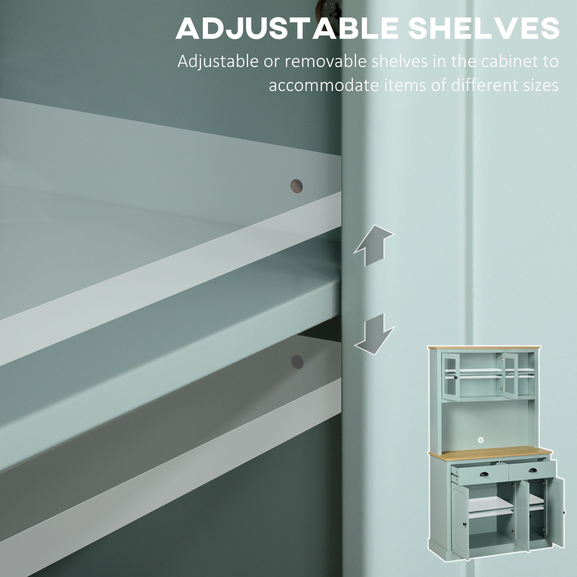 Light blue modern kitchen hutch interior with adjustable shelves, shown with arrows and a full product inset.