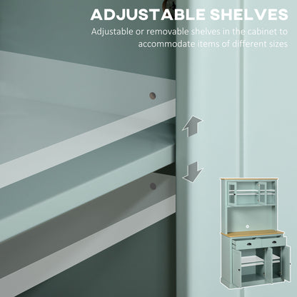 Light blue modern kitchen hutch interior with adjustable shelves, shown with arrows and a full product inset.