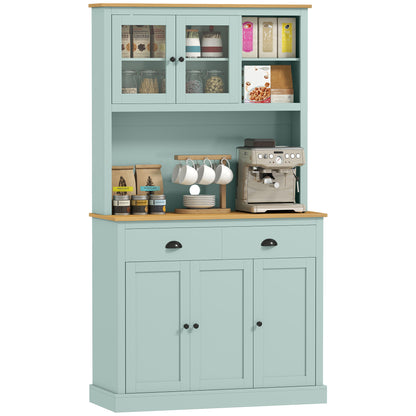 Light blue modern kitchen hutch with glass-front cabinets, wood countertop, and coffee bar setup.