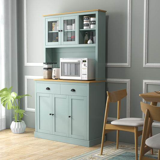 Modern 71" light blue kitchen hutch with glass cabinets, microwave stand, and natural wood accents.