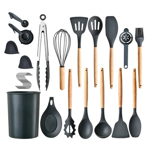 35-piece dark gray silicone and natural wood kitchen utensil set with matching holder.