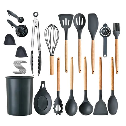 35-piece dark gray silicone and natural wood kitchen utensil set with matching holder.