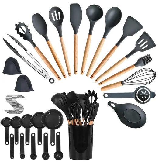 35-piece black silicone kitchen utensil set with natural wood handles and a matching holder.