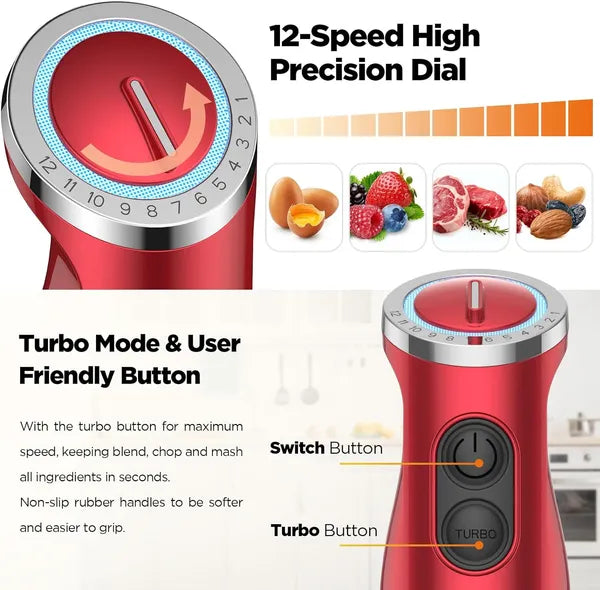 Red immersion blender handle with a 12-speed dial, turbo button, and switch button.