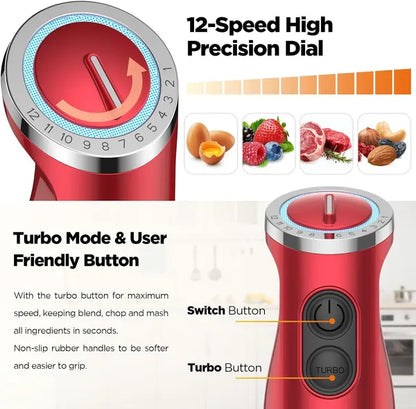 Red immersion blender handle with a 12-speed dial, turbo button, and switch button.