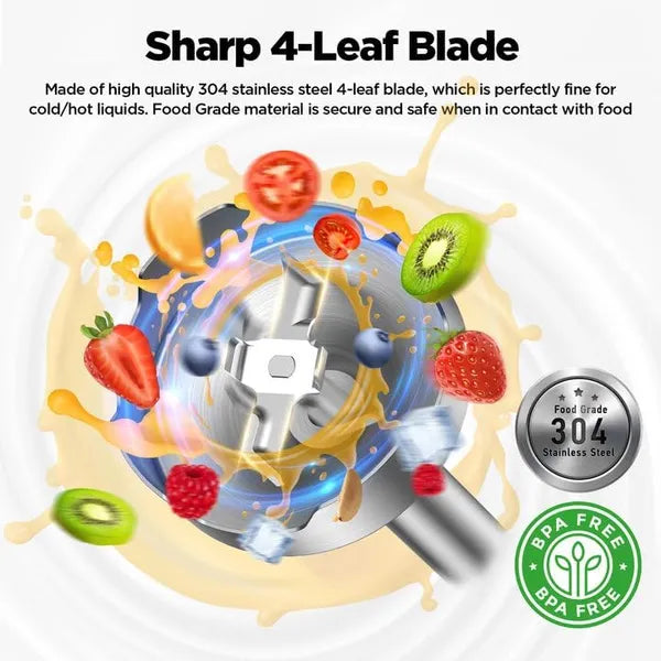 Close-up of a silver 4-leaf 304 stainless steel blender blade surrounded by fruit and liquid.