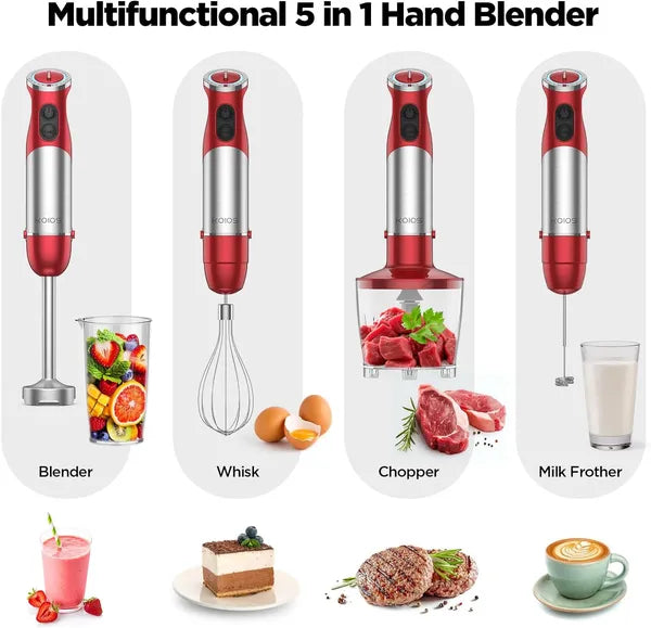 Red and silver 5-in-1 immersion blender suite with attachments for blending, whisking, chopping, and frothing.