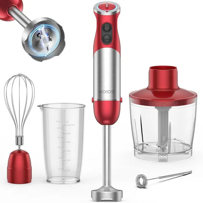 Red and silver 5-in-1 immersion blender suite with whisk, beaker, food processor, and milk frother.