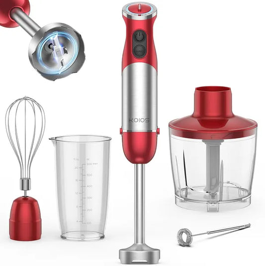 Red and silver 5-in-1 immersion blender suite with whisk, beaker, food processor, and milk frother.