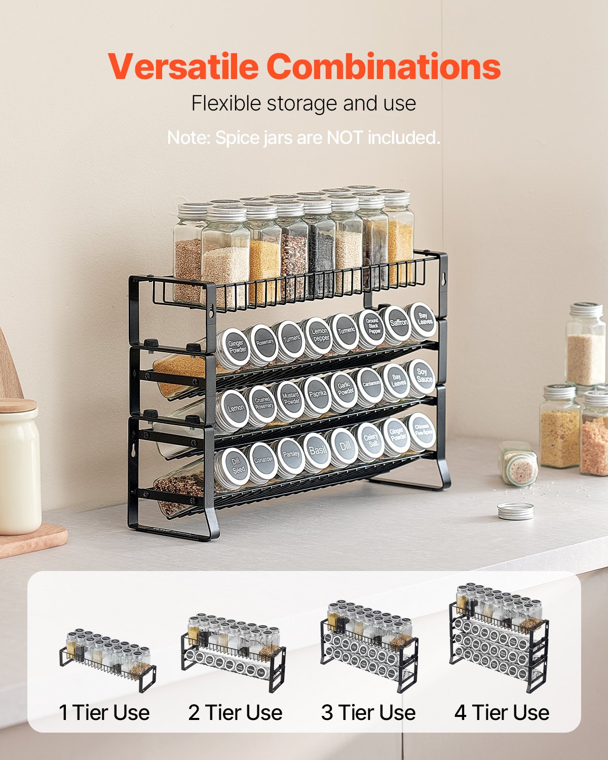 Black metal 3-tier spice rack organizer with various spice jars, shown on a kitchen counter.