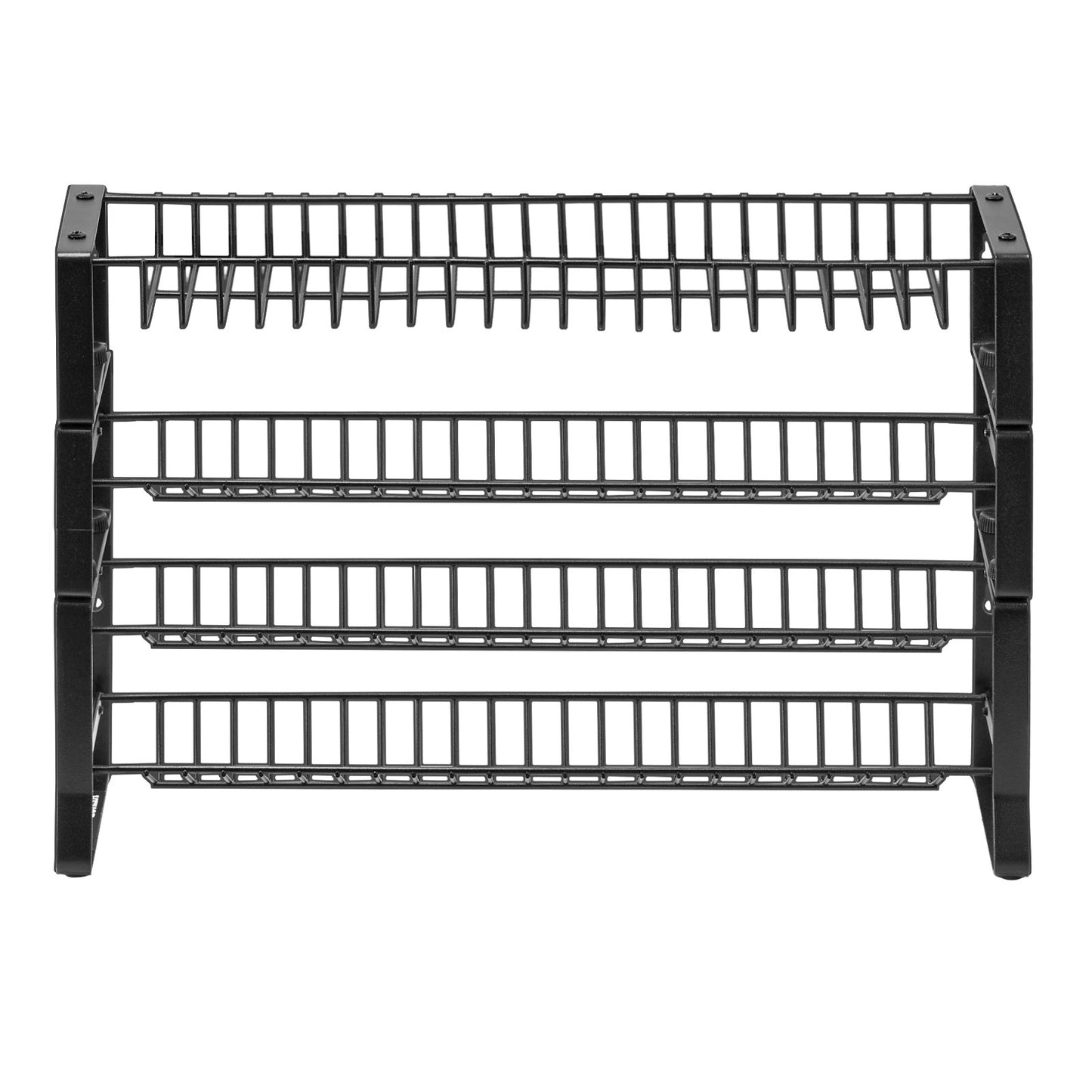 Black 18x11 inch tiered metal spice and seasoning organizer with four shelves.