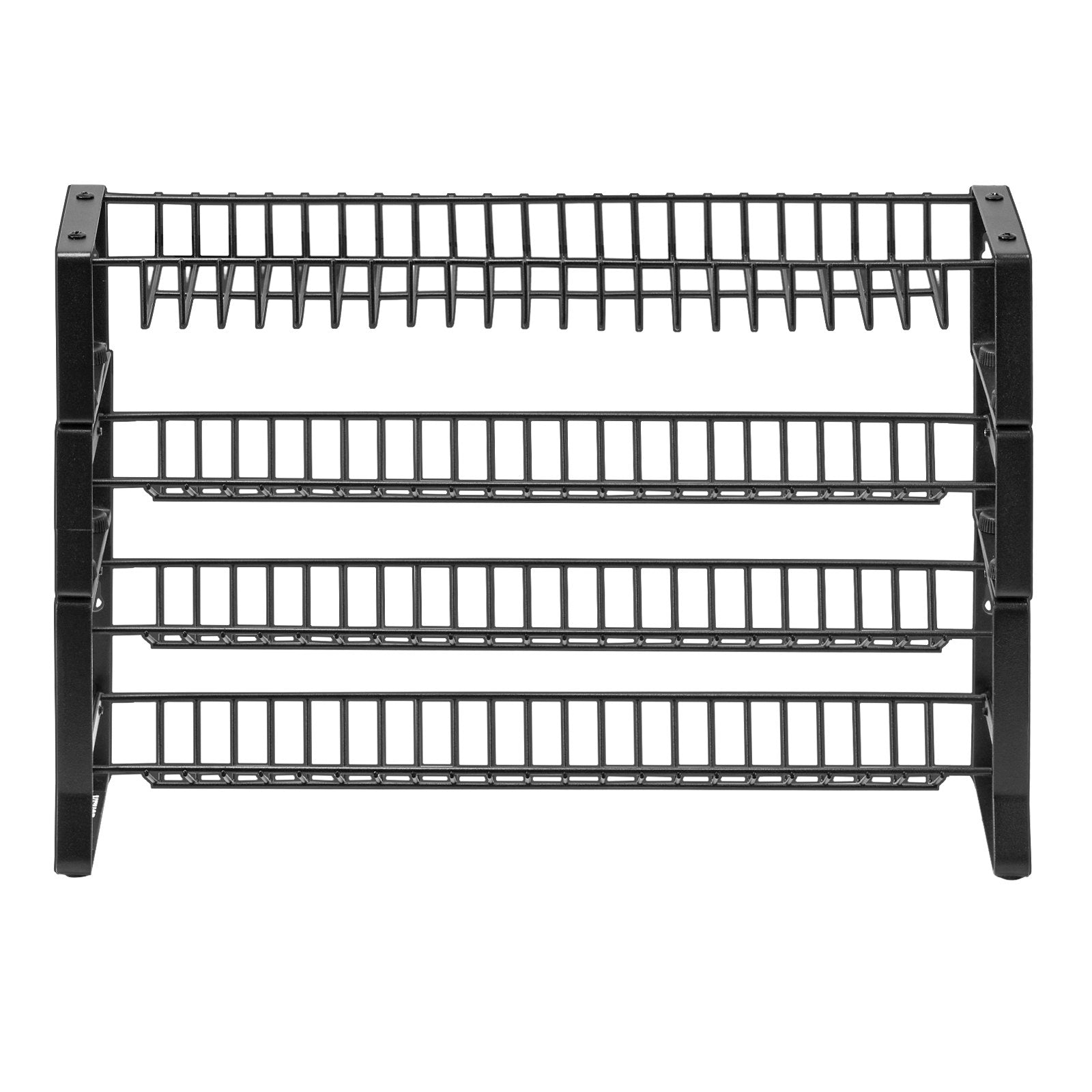 Black 18x11 inch tiered metal spice and seasoning organizer with four shelves.