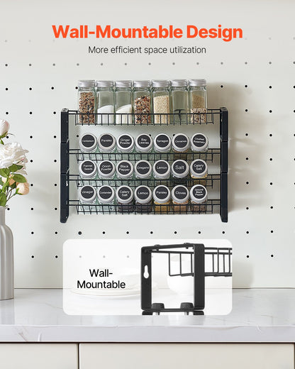 Black metal 3-tier wall-mountable spice rack with various labeled spice jars, enhancing kitchen organization.