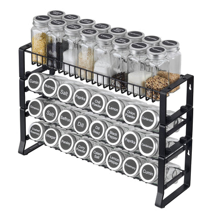 Black metal tiered spice rack with 30 clear glass jars, 18x11 inches, holding various spices.