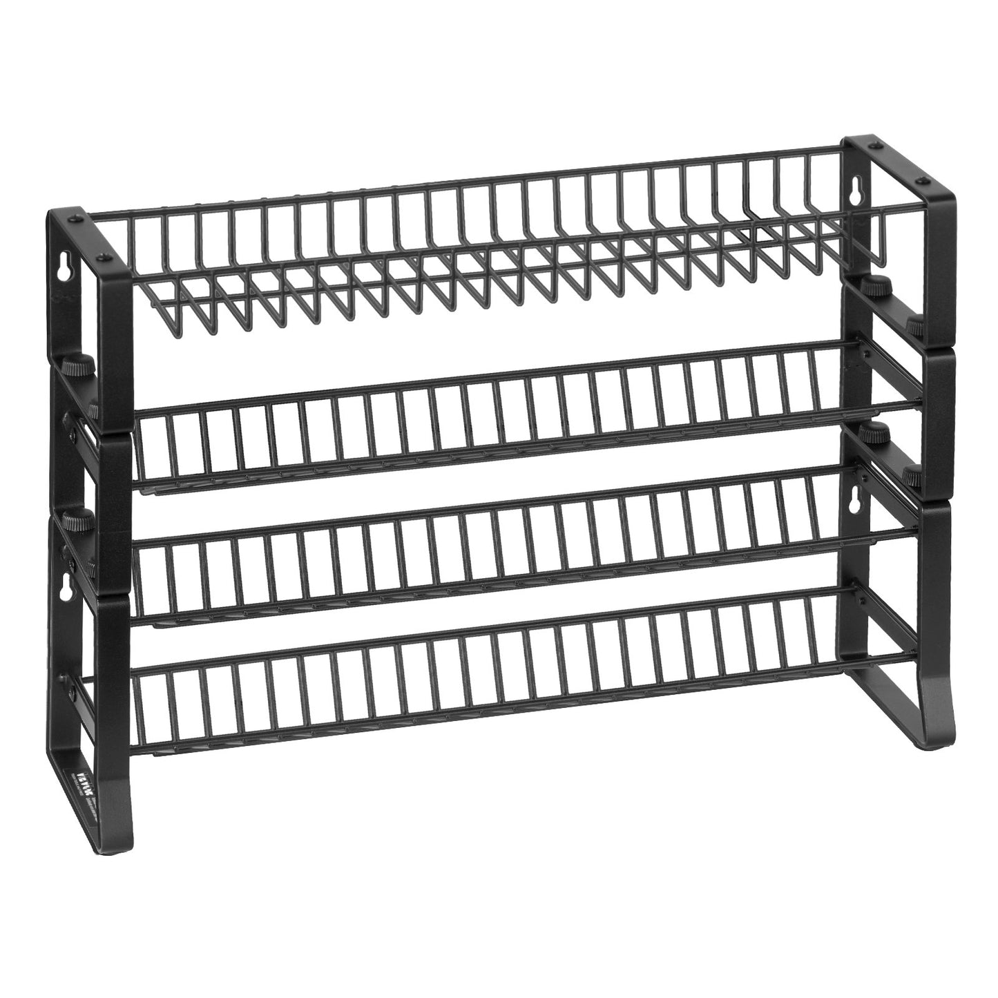 Black metal tiered spice and seasoning organizer, 18x11 inches, with three slatted shelves.
