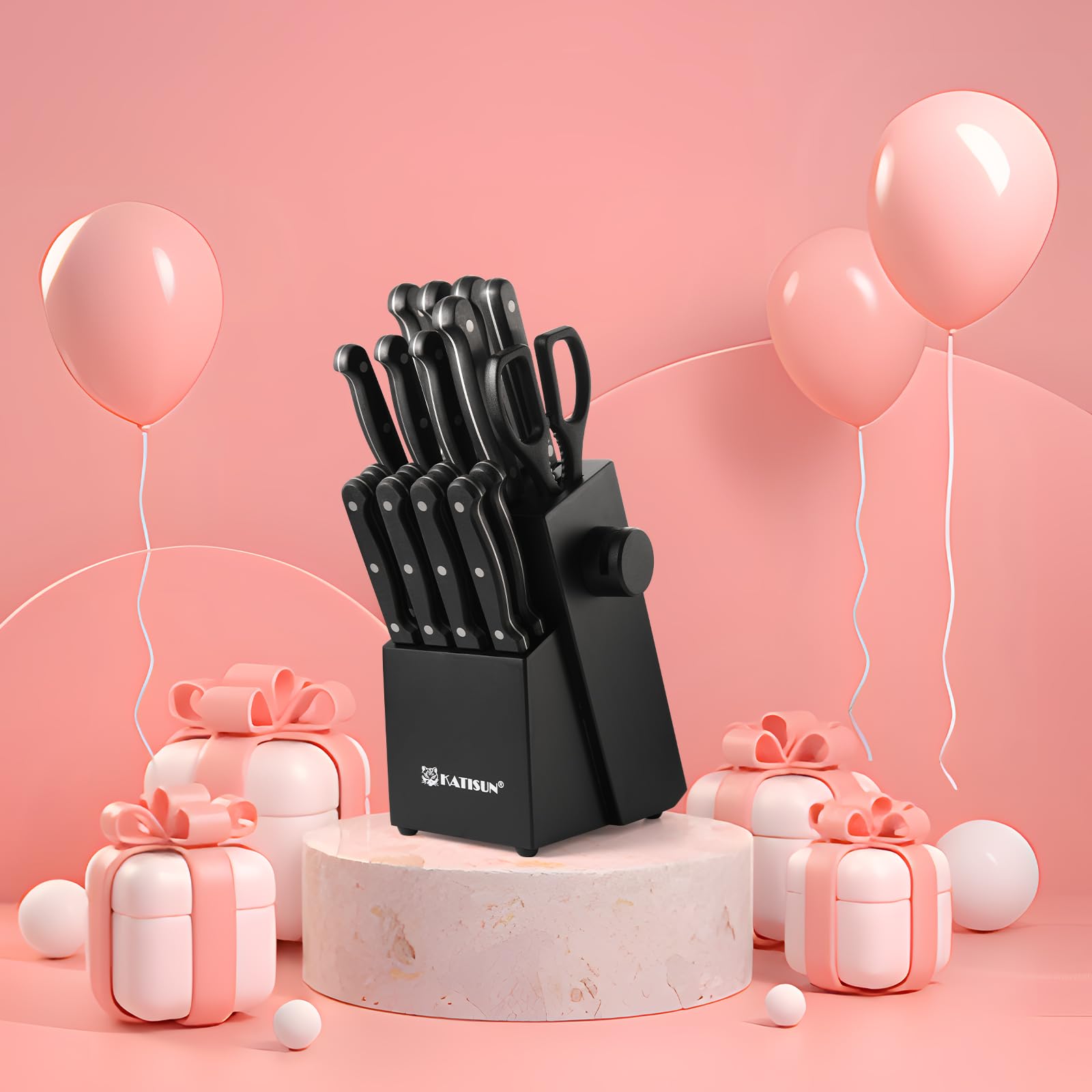 Black 9-piece German Steel knife set with a storage block and sharpener, surrounded by pink balloons and gifts.