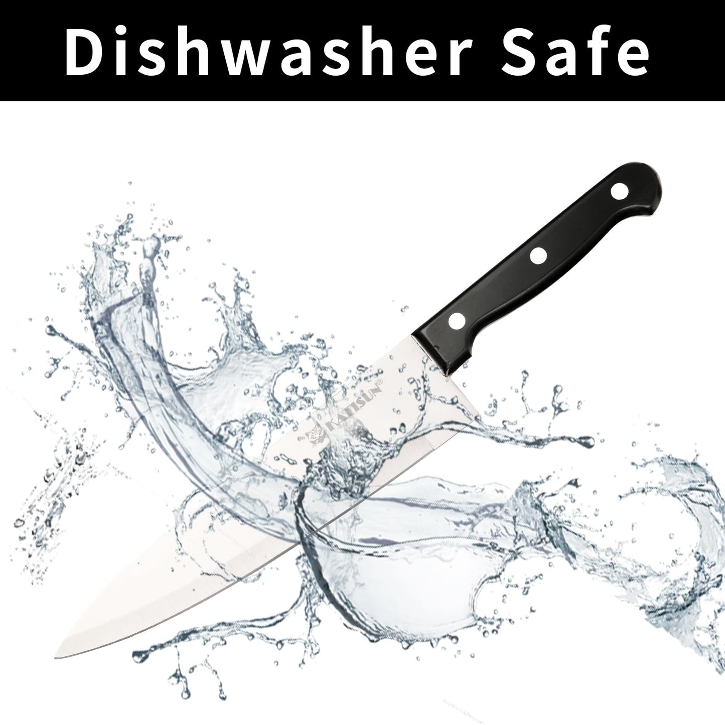 Dishwasher-safe German steel knife with black handle, surrounded by splashing water.