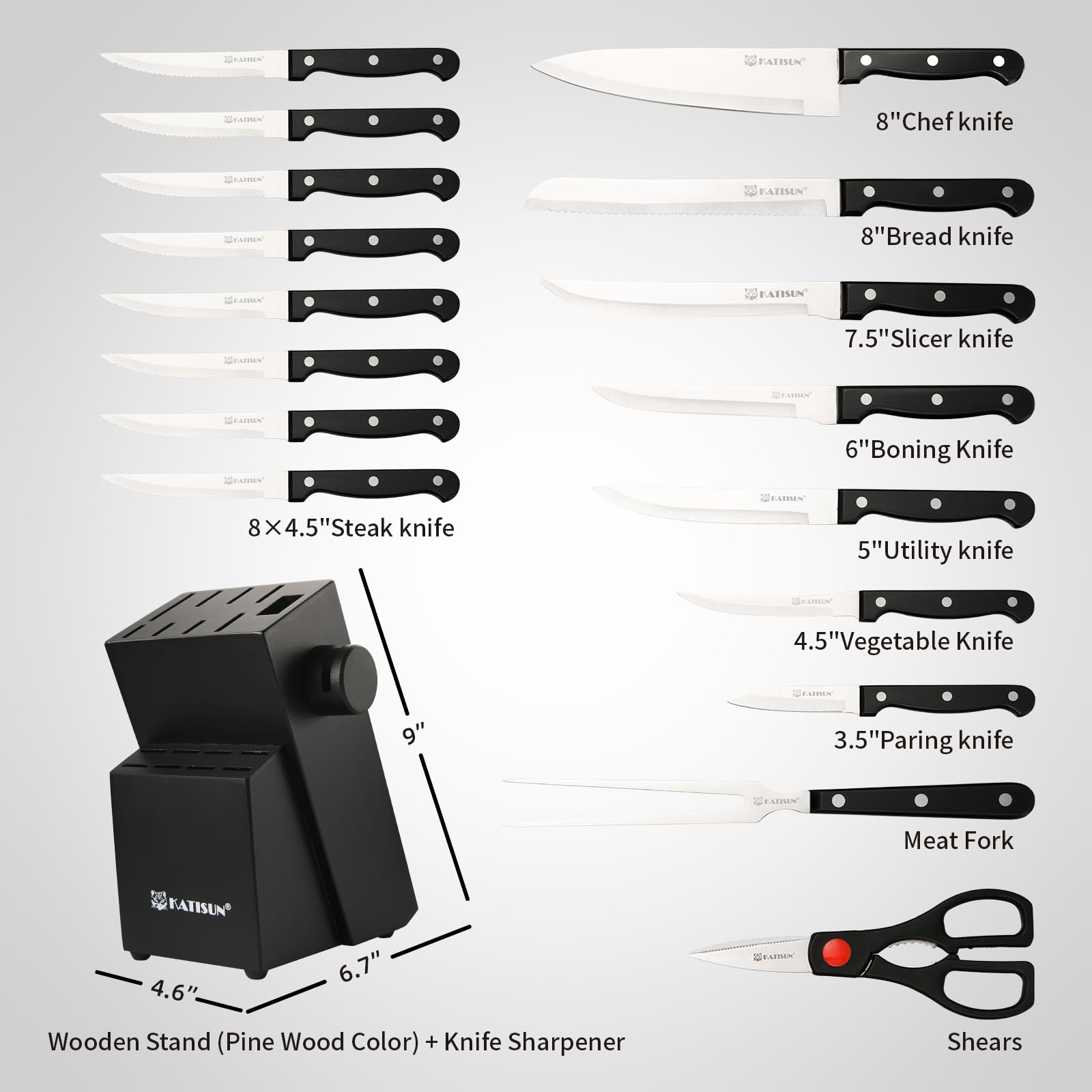 Black 9-piece German steel knife set with a wooden block, built-in sharpener, and various knives.