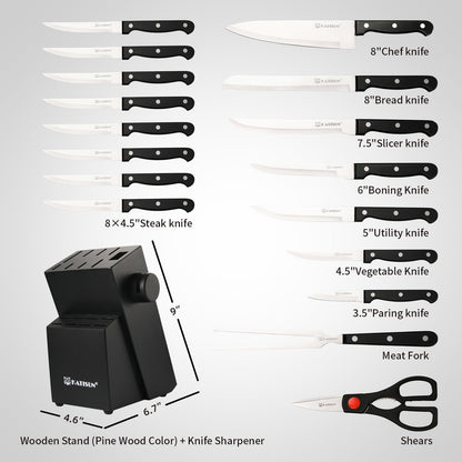 Black 9-piece German steel knife set with a wooden block, built-in sharpener, and various knives.