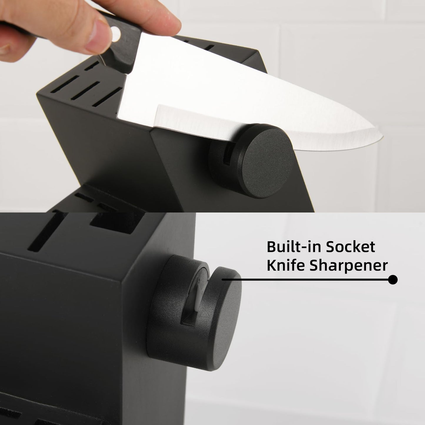 Hand sharpening a German Steel knife in a black contemporary storage block with a built-in sharpener.