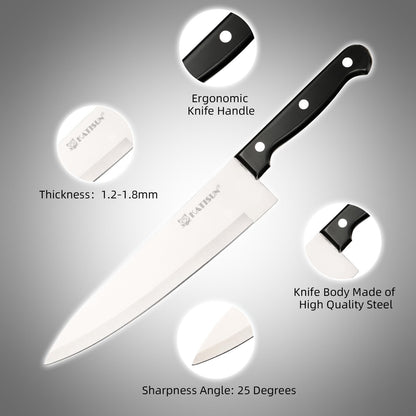 KATISUN chef knife with black ergonomic handle, high-quality steel blade (1.2-1.8mm thick), and 25-degree sharpness angle.