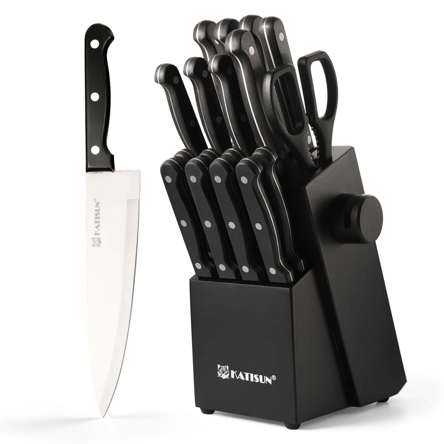 Black 9-piece German steel knife set with a contemporary storage block and built-in sharpener.