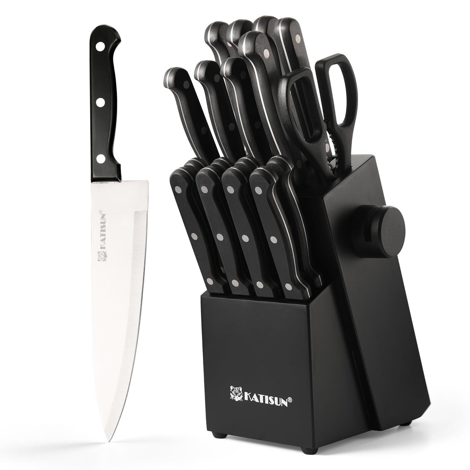 Black 9-piece German steel knife set with a contemporary storage block and built-in sharpener.