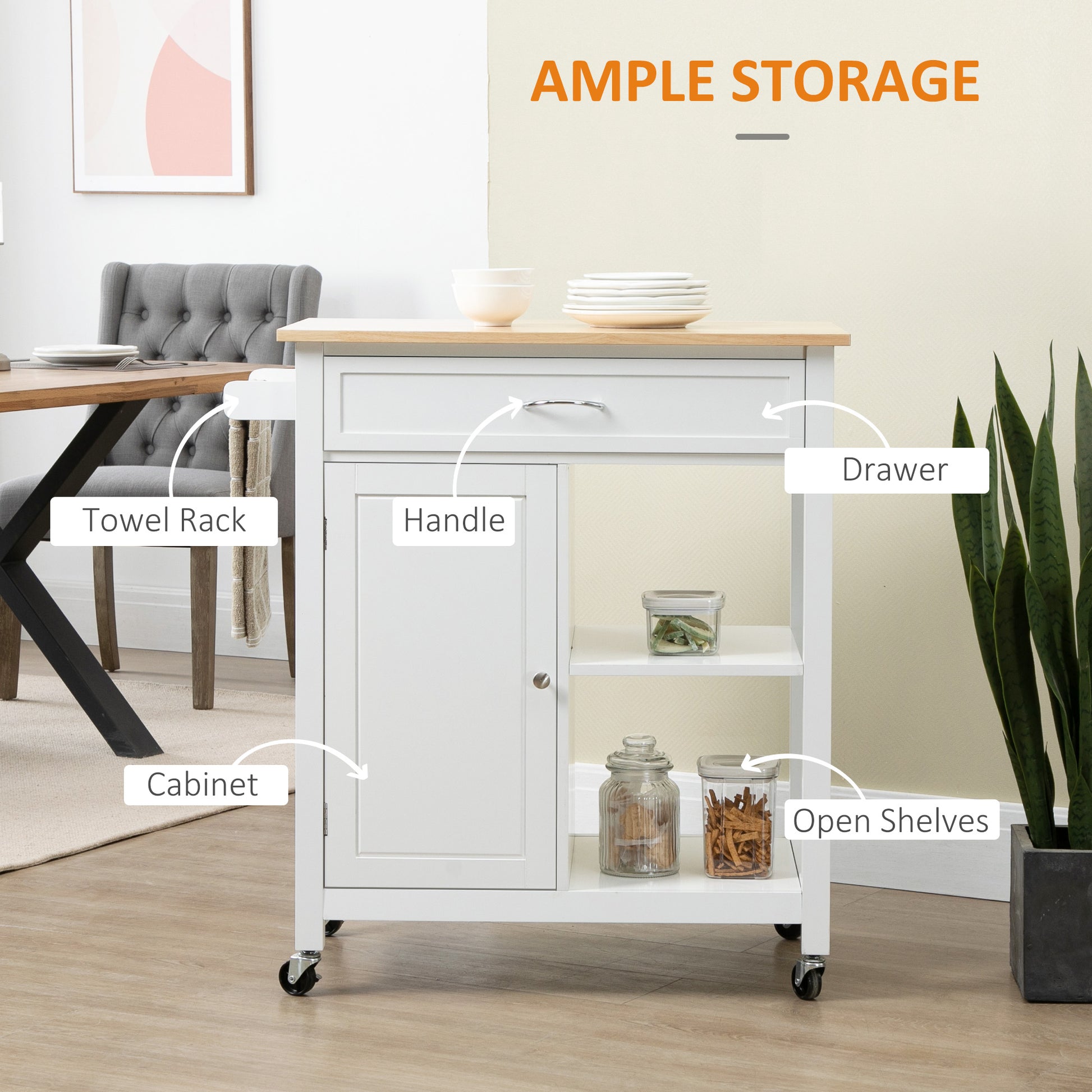 White mobile kitchen cart with solid wood top, drawer, cabinet, open shelves, and towel rack on casters.