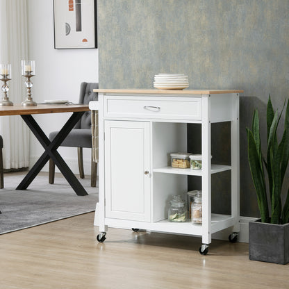 White mobile kitchen cart with a solid wood top, storage drawer, cabinet, and open shelves on casters.