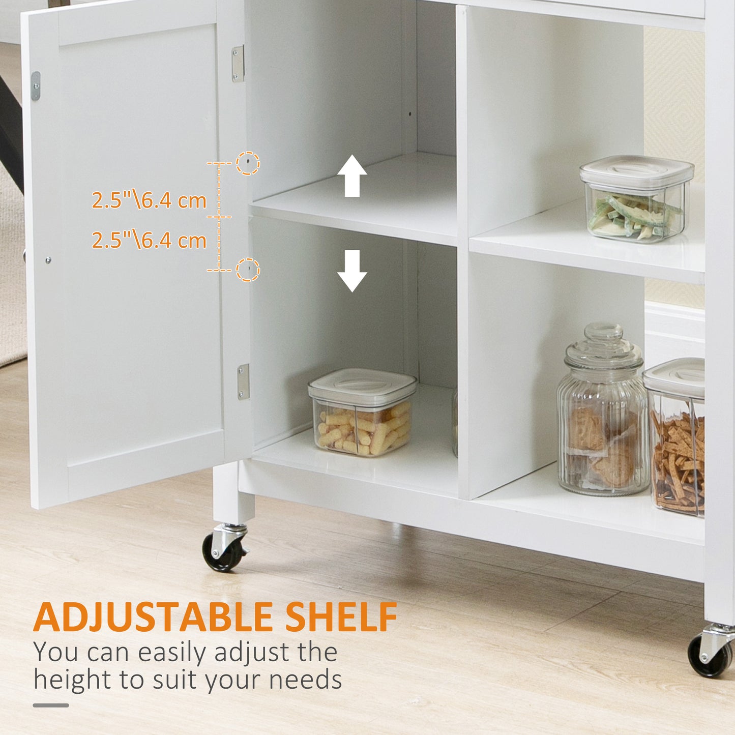 White mobile kitchen cart with adjustable shelves, showing 2.5" (6.4 cm) height adjustment.