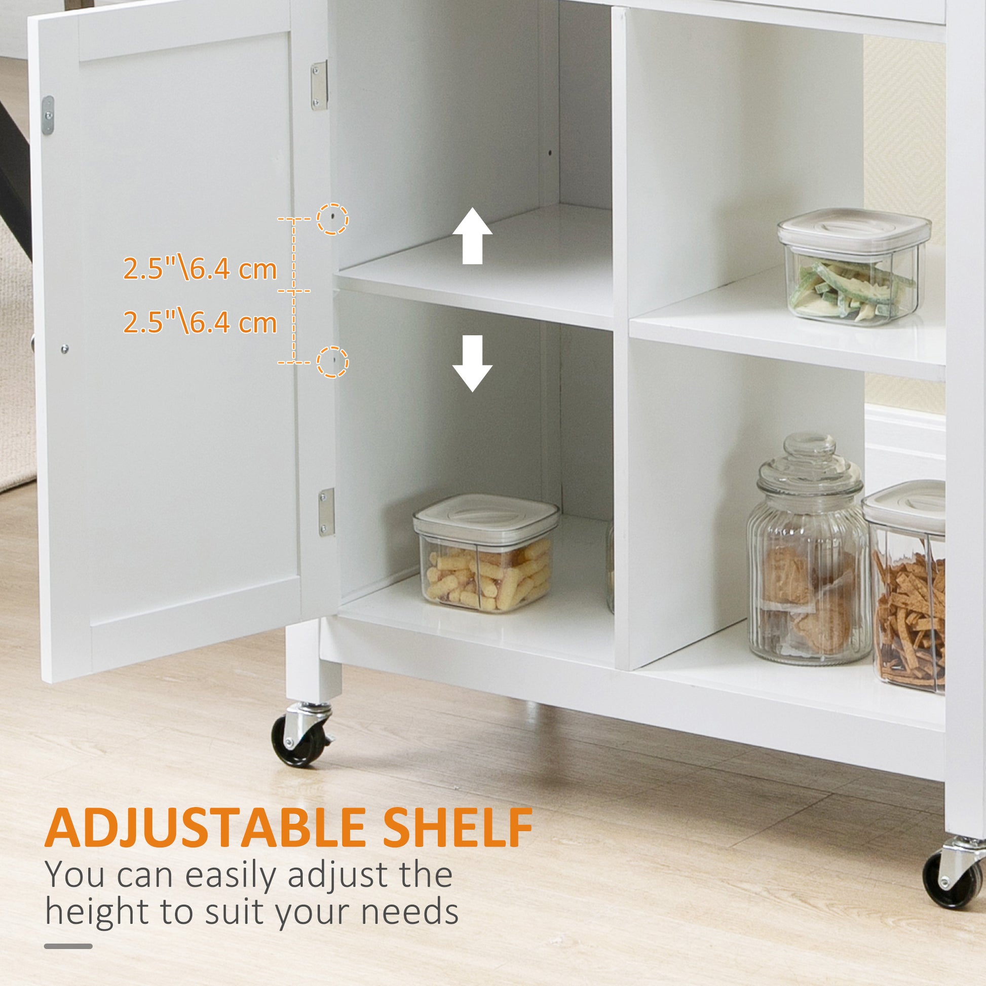 White mobile kitchen cart with adjustable shelves, showing 2.5" (6.4 cm) height adjustment.