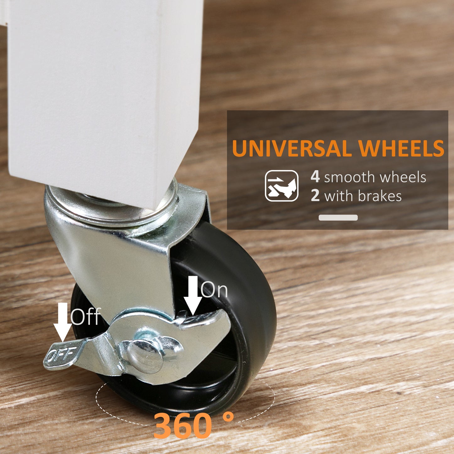 Close-up of a black locking caster wheel on a white mobile kitchen cart, showing "On" and "Off" positions.